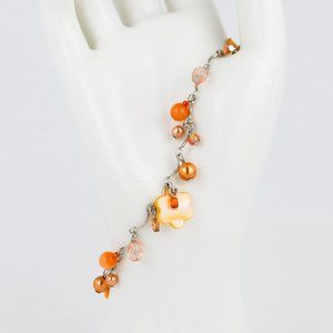 Orange Silver Tone Anklet Large Bracelet Flower Beaded Extender Shell Faux Pearl